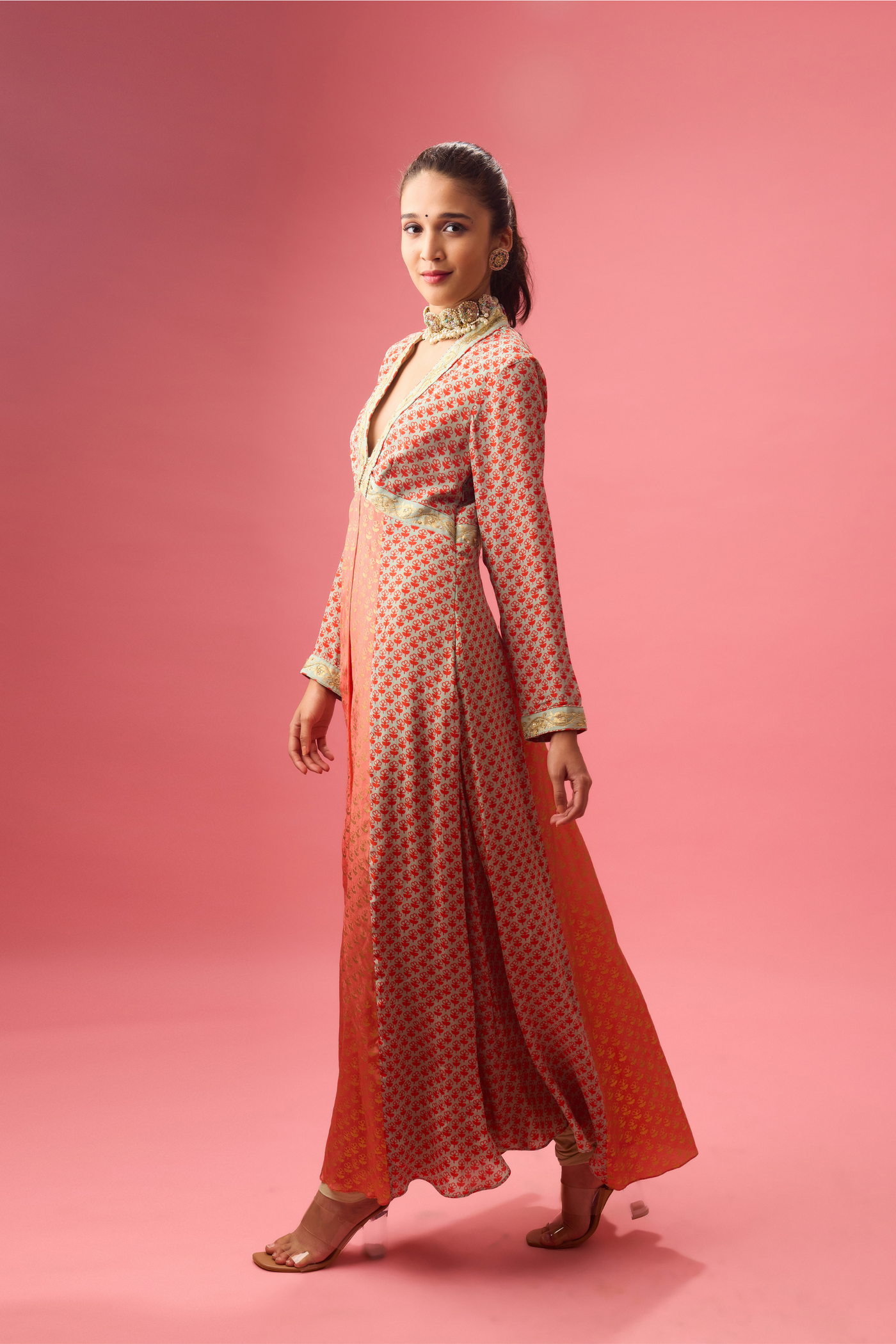 Kalidar Kurta with Print and Embroidery Paired with Churidar