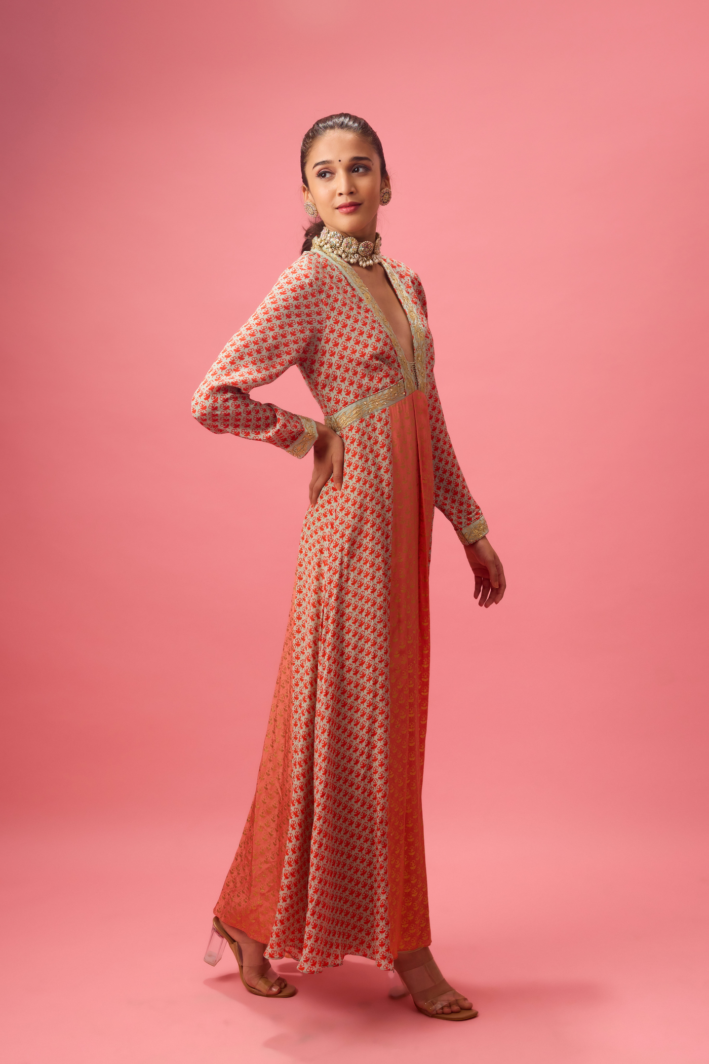 Kalidar Kurta with Print and Embroidery Paired with Churidar