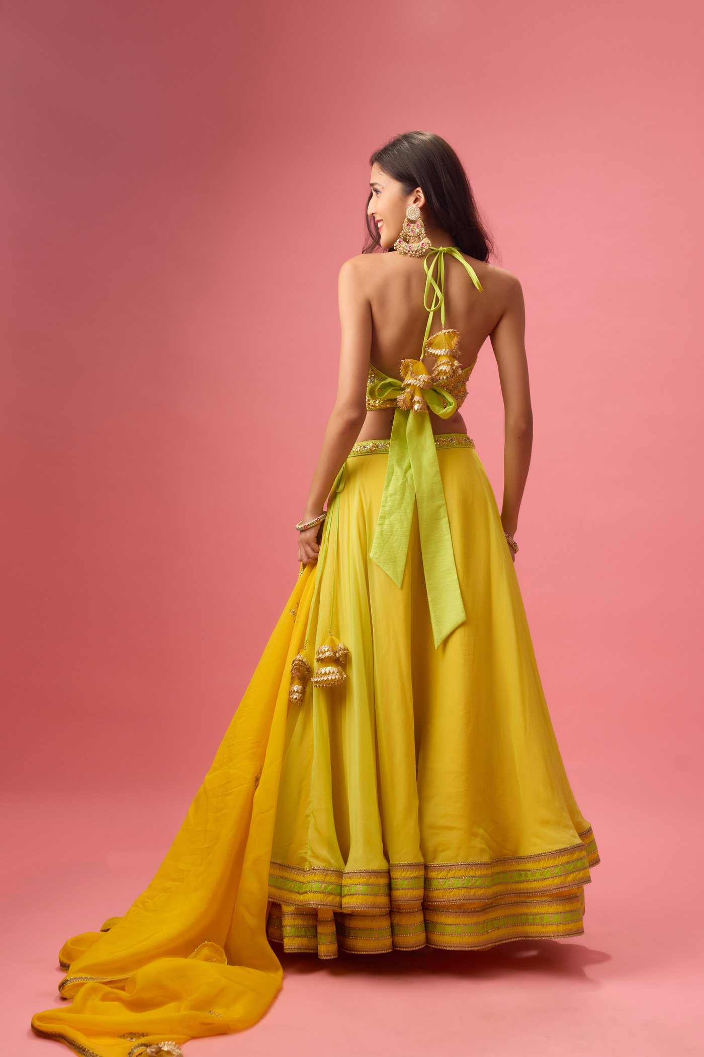 Nikasha Lime Green Double Layer Organza Lehenga Paired with Blouse & Dupatta Womenswear Online Shopping Melange Singapore