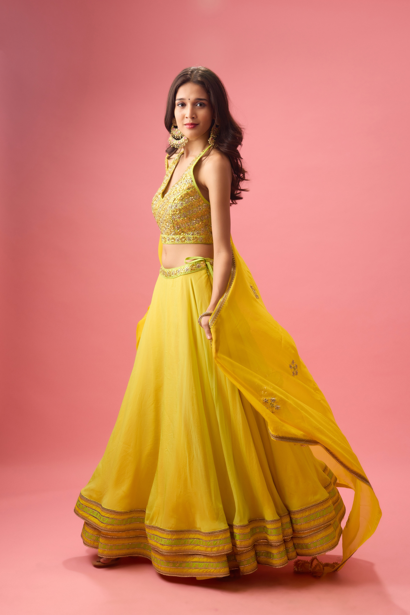 Nikasha Lime Green Double Layer Organza Lehenga Paired with Blouse & Dupatta Womenswear Online Shopping Melange Singapore