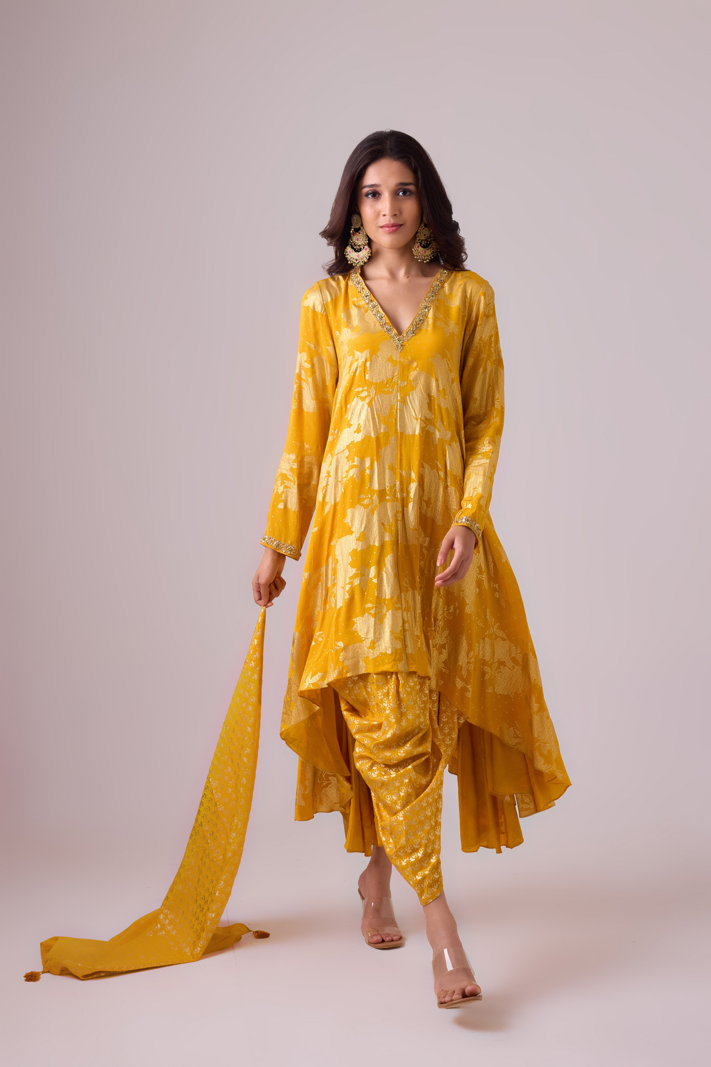 Long Asymmetrical Foil Printed Kurta