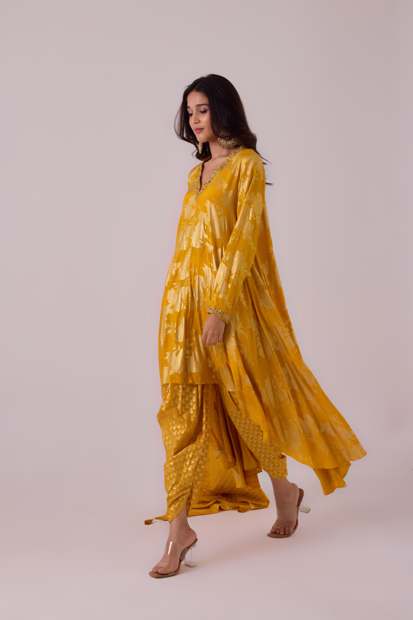 Long Asymmetrical Foil Printed Kurta