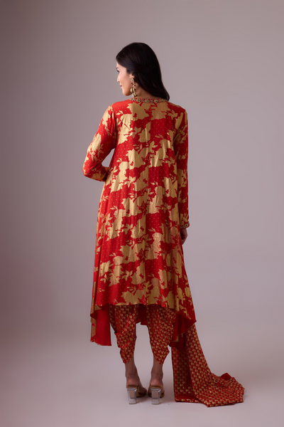 Nikasha Long Asymmetrical Foil Printed Kurta Red Melange Singapore Online Shopping Womenswear