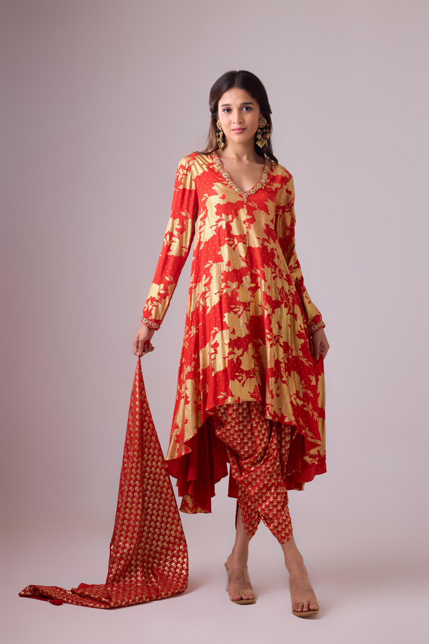 Nikasha Long Asymmetrical Foil Printed Kurta Red Melange Singapore Online Shopping Womenswear