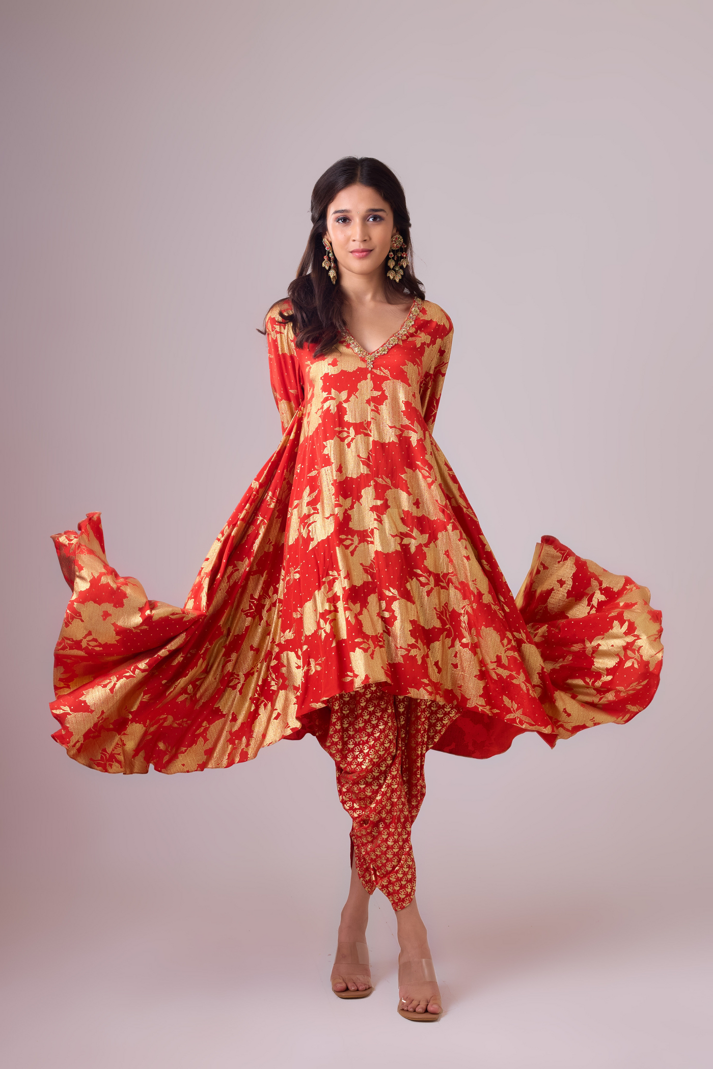 Nikasha Long Asymmetrical Foil Printed Kurta Red Melange Singapore Online Shopping Womenswear