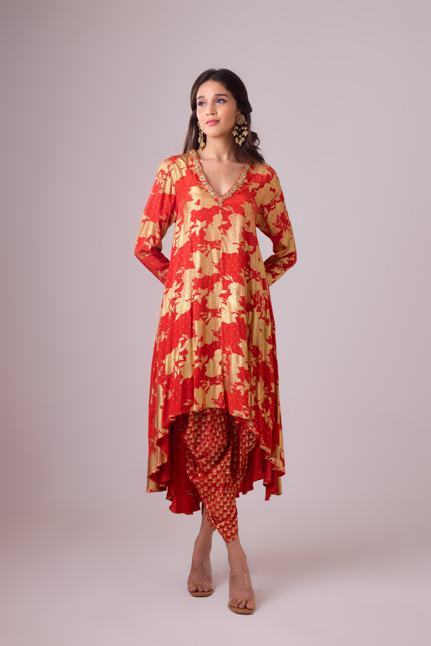 Nikasha Long Asymmetrical Foil Printed Kurta Red Melange Singapore Online Shopping Womenswear