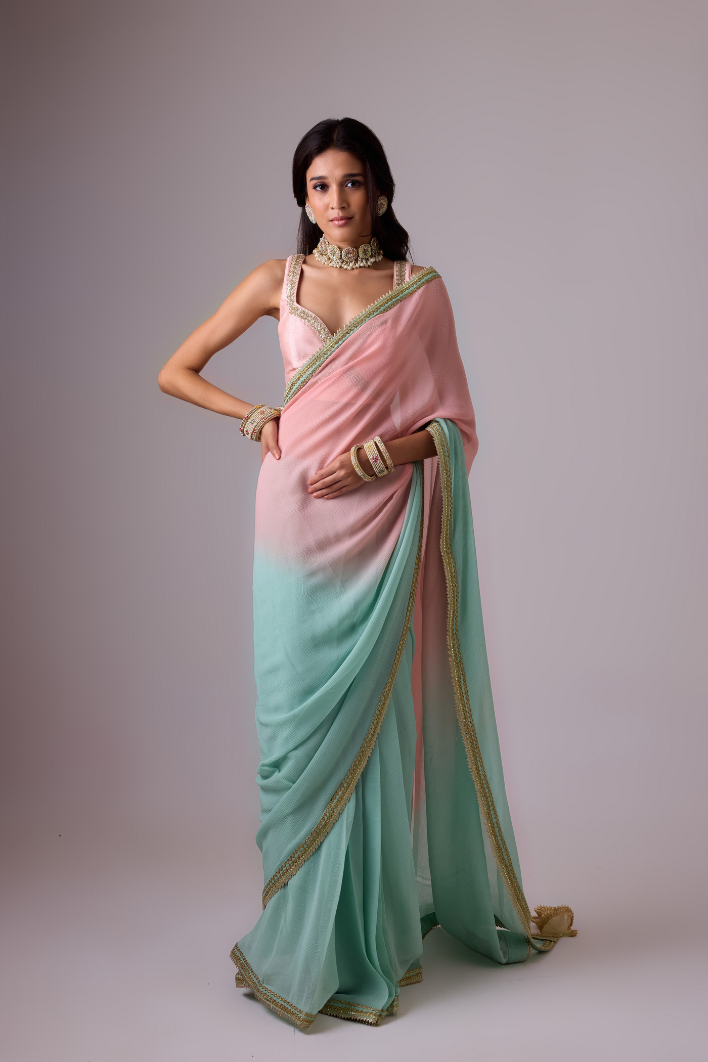 Pure Silk Chiffon Ombre Saree and Gota Borders