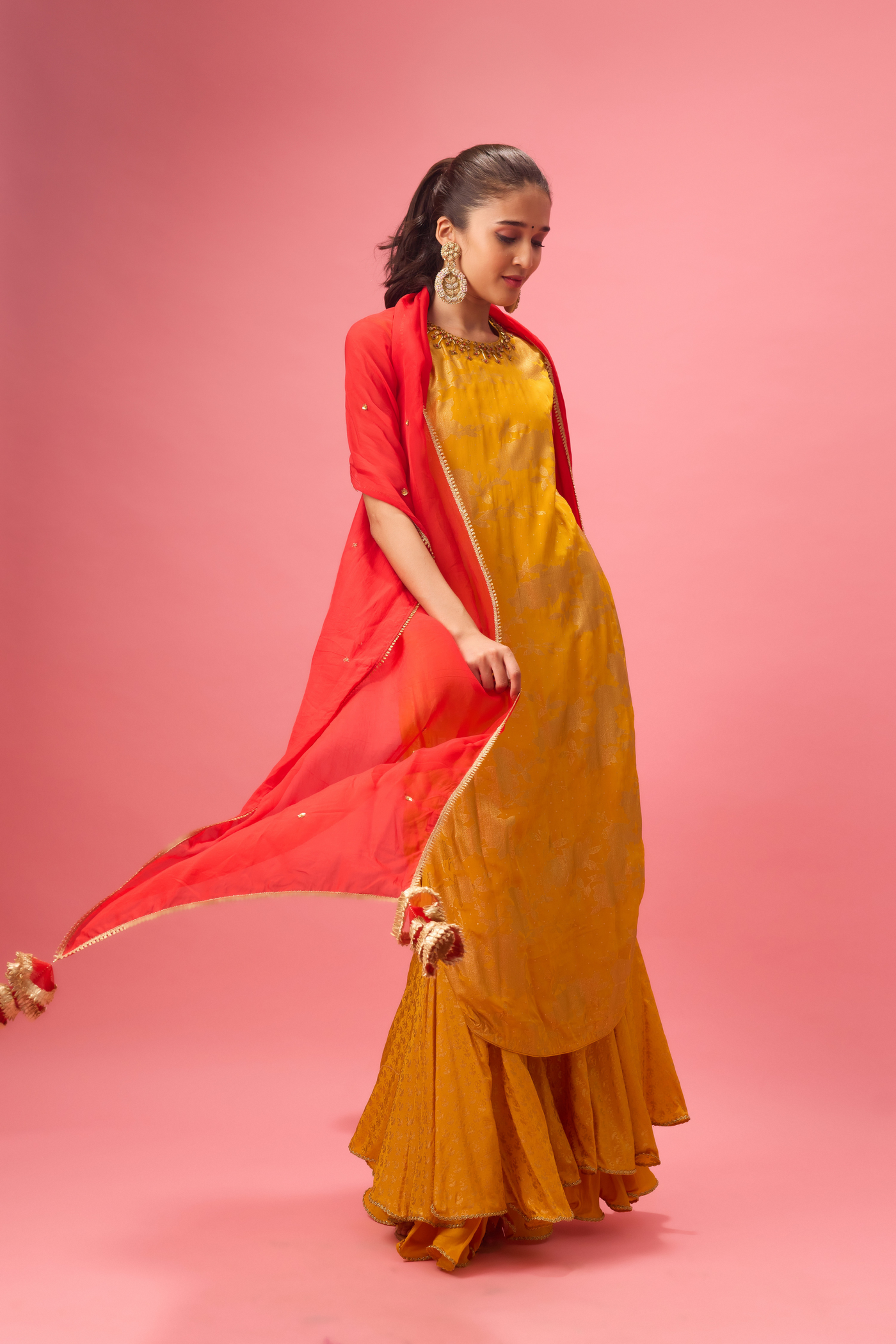 Ochre Sharara Set with Foil Printing Paired with Hand Embroidery Dupatta