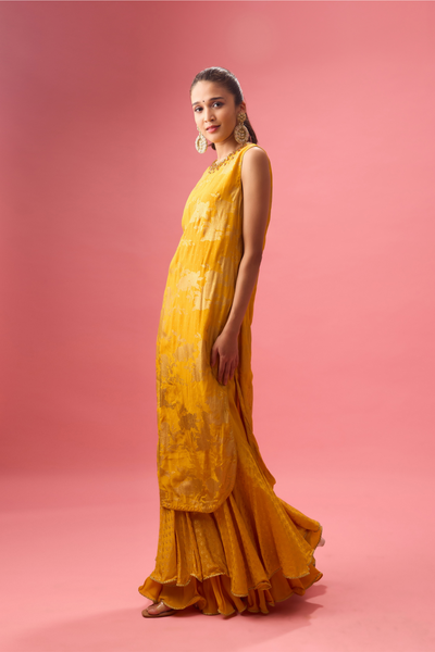 Ochre Sharara Set with Foil Printing Paired with Hand Embroidery Dupatta