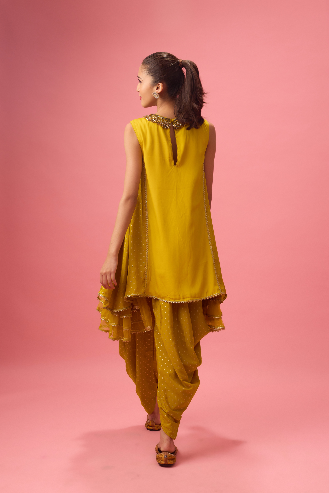 Olive Kurta with Foiling and Hand Embroidery on Neck Paired with Dhoti