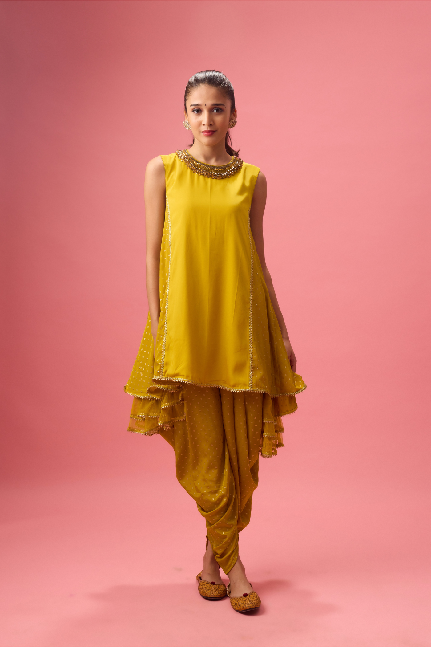 Olive Kurta with Foiling and Hand Embroidery on Neck Paired with Dhoti