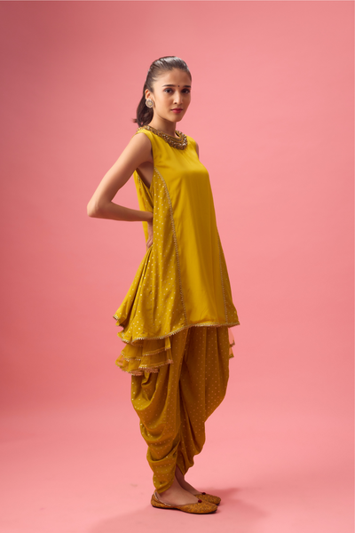 Olive Kurta with Foiling and Hand Embroidery on Neck Paired with Dhoti