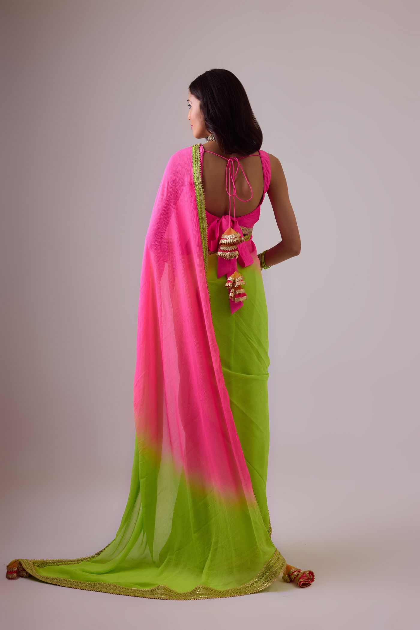 Nikasha Pure Silk Chiffon Ombre Saree and Gota Borders Green Pink Melange Singapore Online Shopping Womenswear