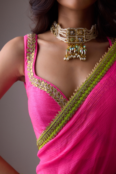 Nikasha Pure Silk Chiffon Ombre Saree and Gota Borders Green Pink Melange Singapore Online Shopping Womenswear