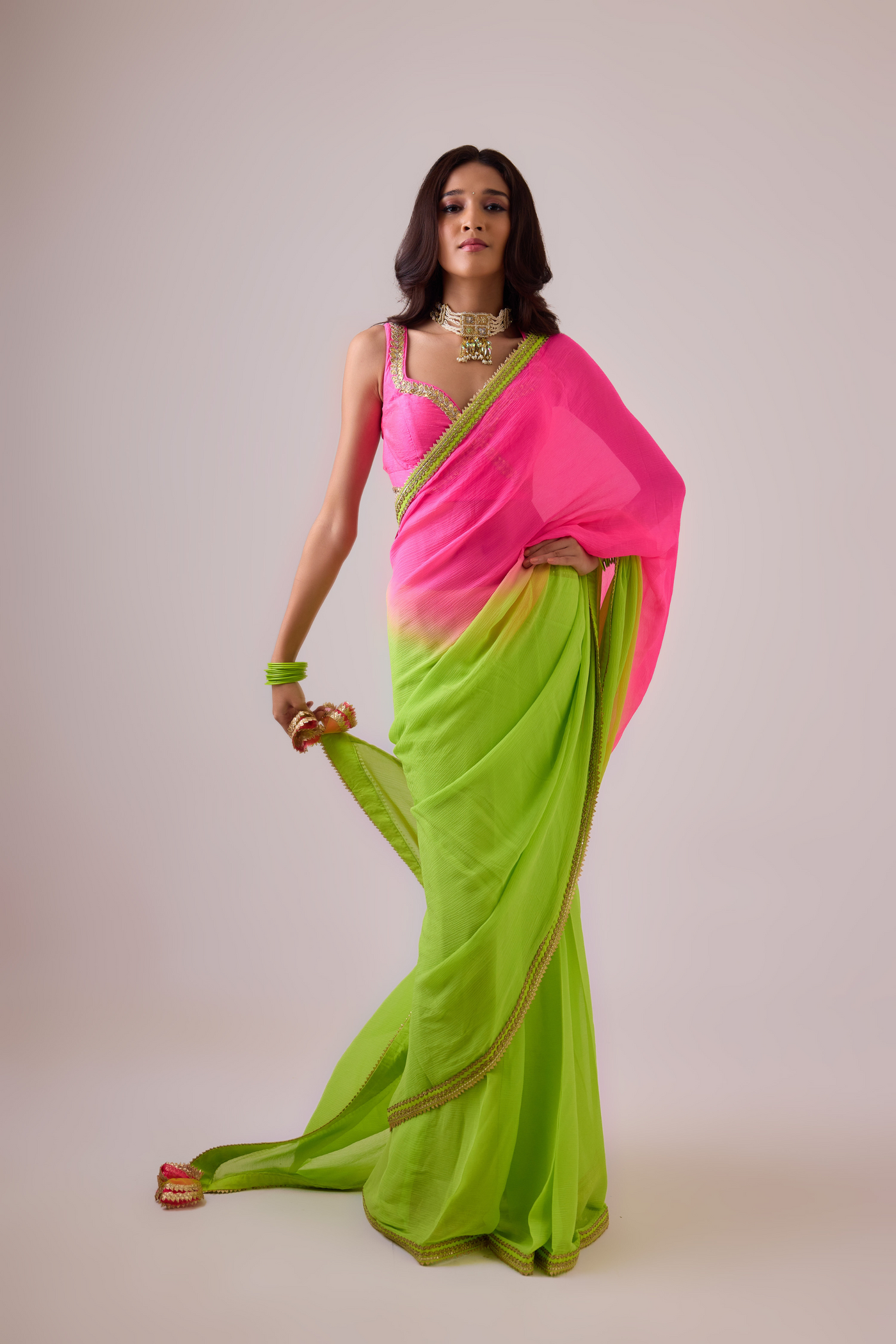 Nikasha Pure Silk Chiffon Ombre Saree and Gota Borders Green Pink Melange Singapore Online Shopping Womenswear