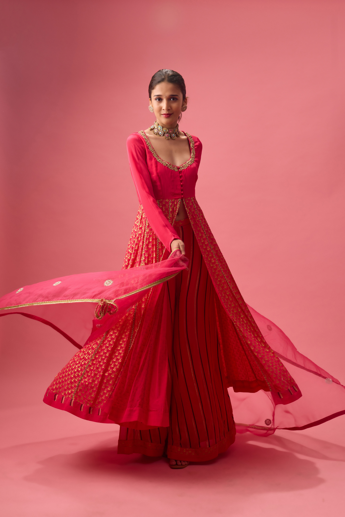 Nikasha Rani Pink Kalidar Kurta with Flared Pant and Dupatta Womenswear Melange Singapore Online Shopping