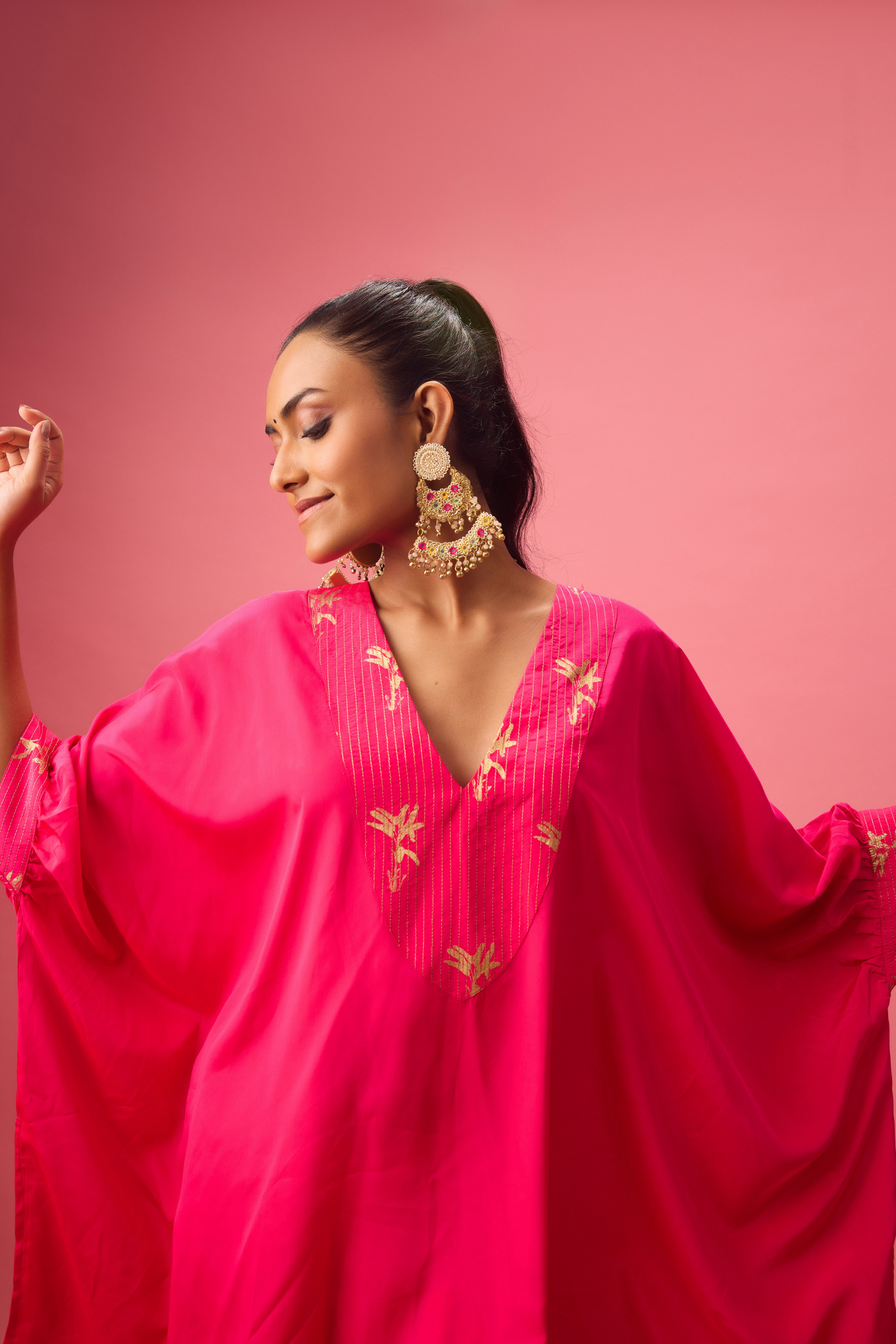 Nikasha V Neckline with Dhagai and Foiling Kaftan Detailing Paired with Salwar Rani Pink Womenswear Melange Singapore Online Shopping