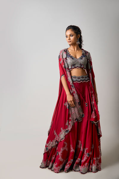 Nupur Kanoi Burgundy Hand-Embroidered Lehenga Set indian designer wear online shopping melange singapore
