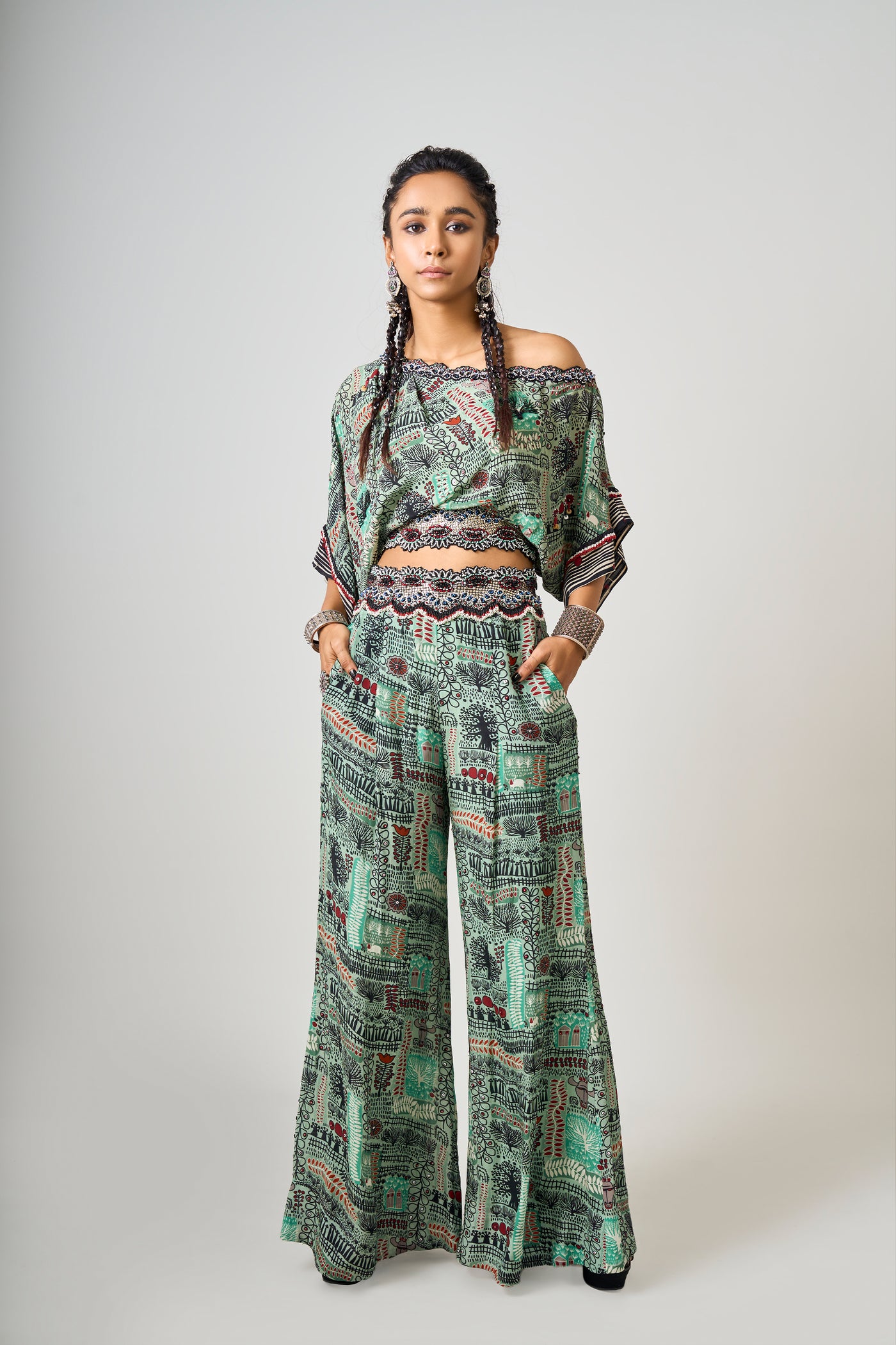 Nupur Kanoi Hand-Embroidered Off-Shoulder Top With A-Line Pants Set indian designer wear online shopping melange singapore