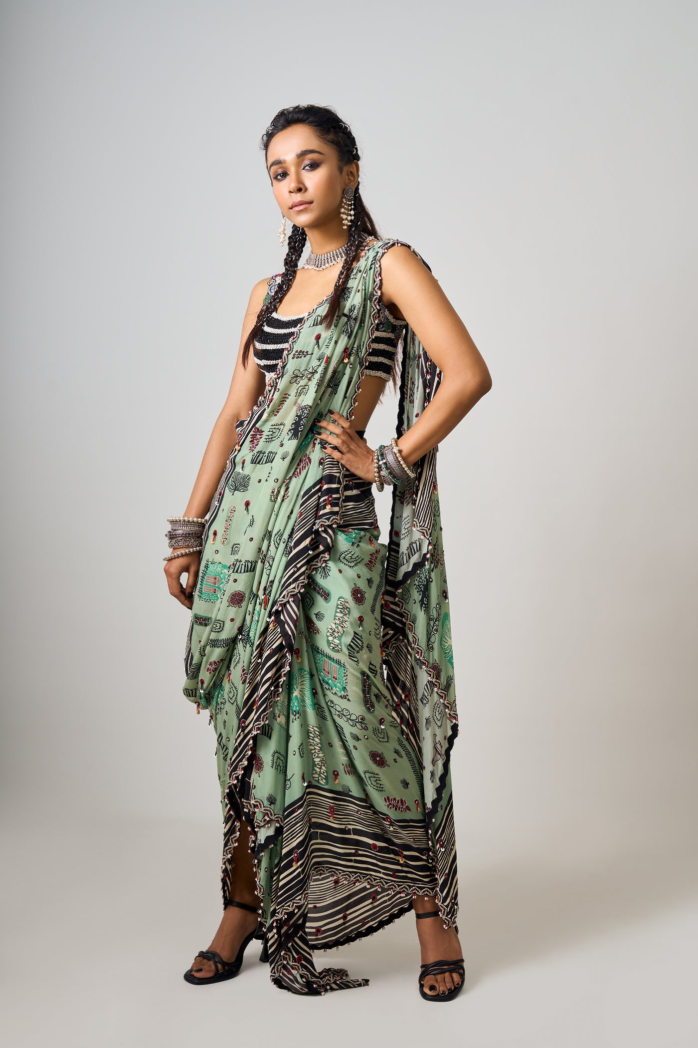 Nupur Kanoi Mint Pre-Draped Sari Set indian designer wear online shopping melange singapore
