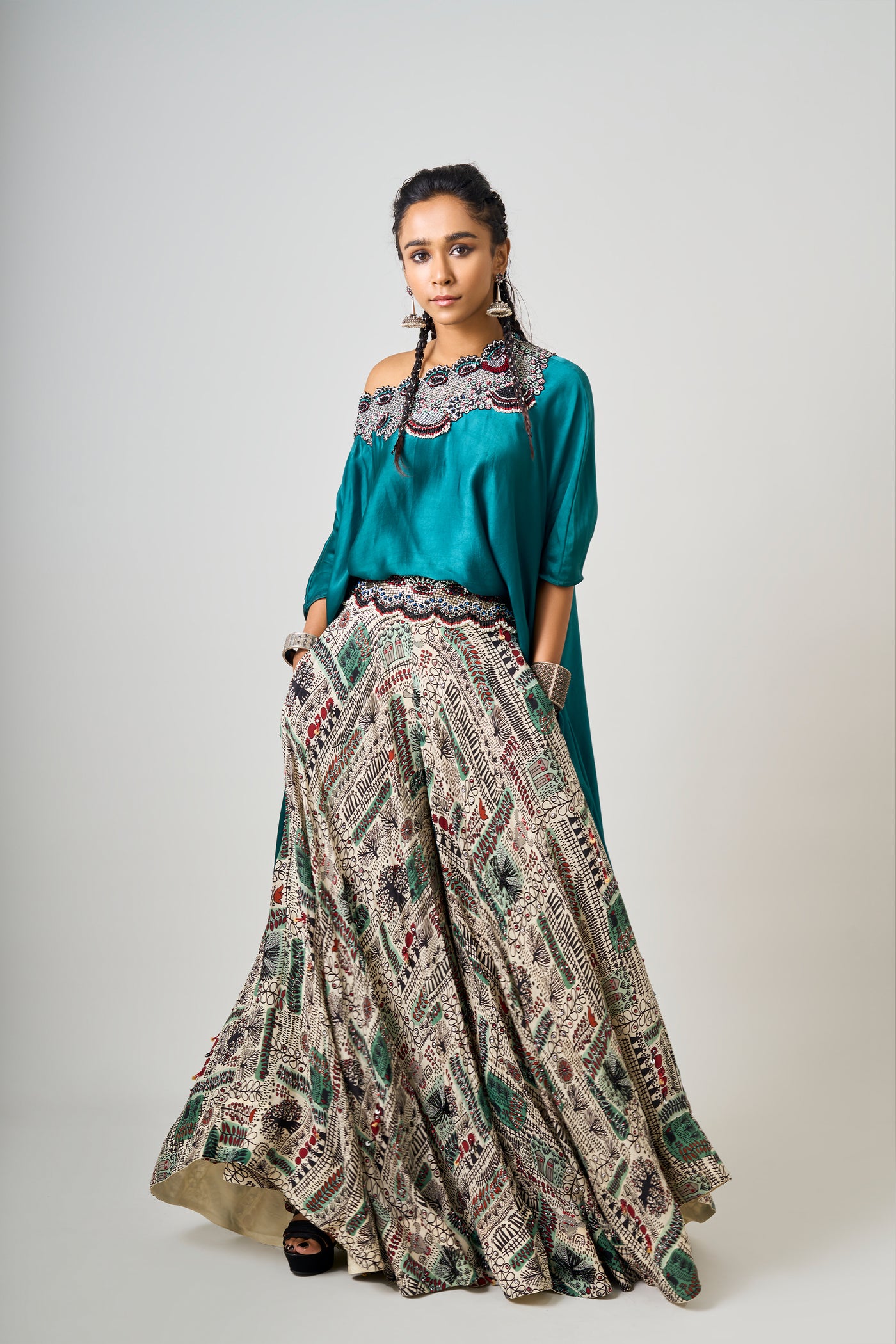 Nupur Kanoi Off-Shoulder Singlet With Off-White Printed Lehenga Set indian designer wear online shopping melange singapore
