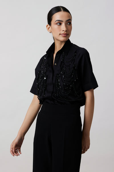 Pallavi Swadi Black Fringe Pannel Shirt indian designer wear online shopping melange singapore