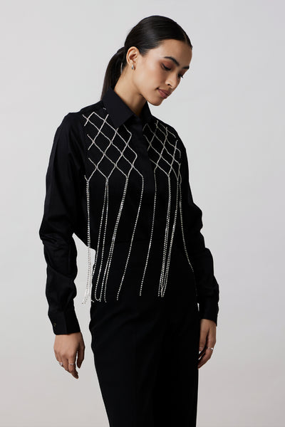 Pallavi Swadi Black Fringe Swarovski Shirt indian designer wear online shopping melange singapore