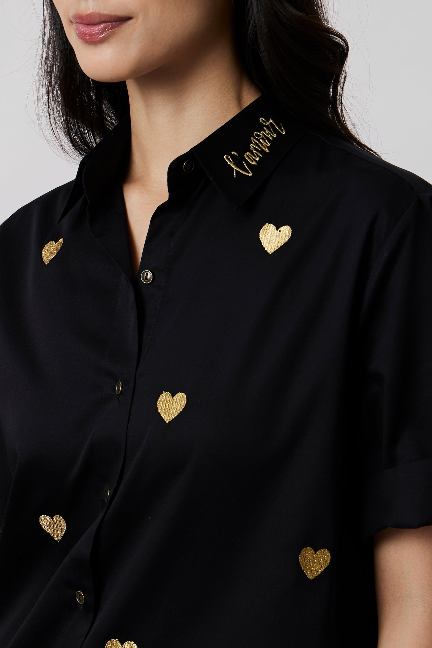 Pallavi Swadi Black Metallic Heart Embroidered Shirt indian designer wear online shopping melange singapore