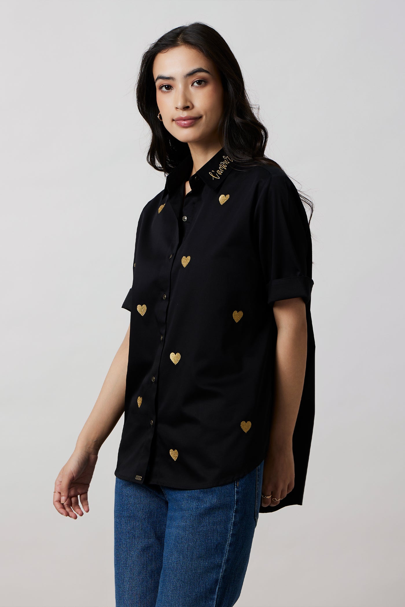 Pallavi Swadi Black Metallic Heart Embroidered Shirt indian designer wear online shopping melange singapore