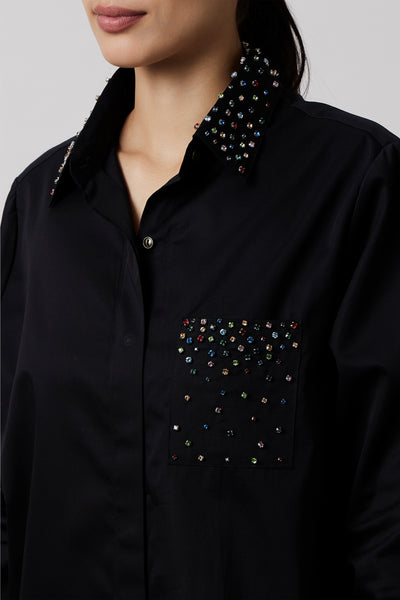 Pallavi Swadi Black Multicolour Swarovski Studs Full Sleeve Shirt indian designer wear online shopping melange singapore