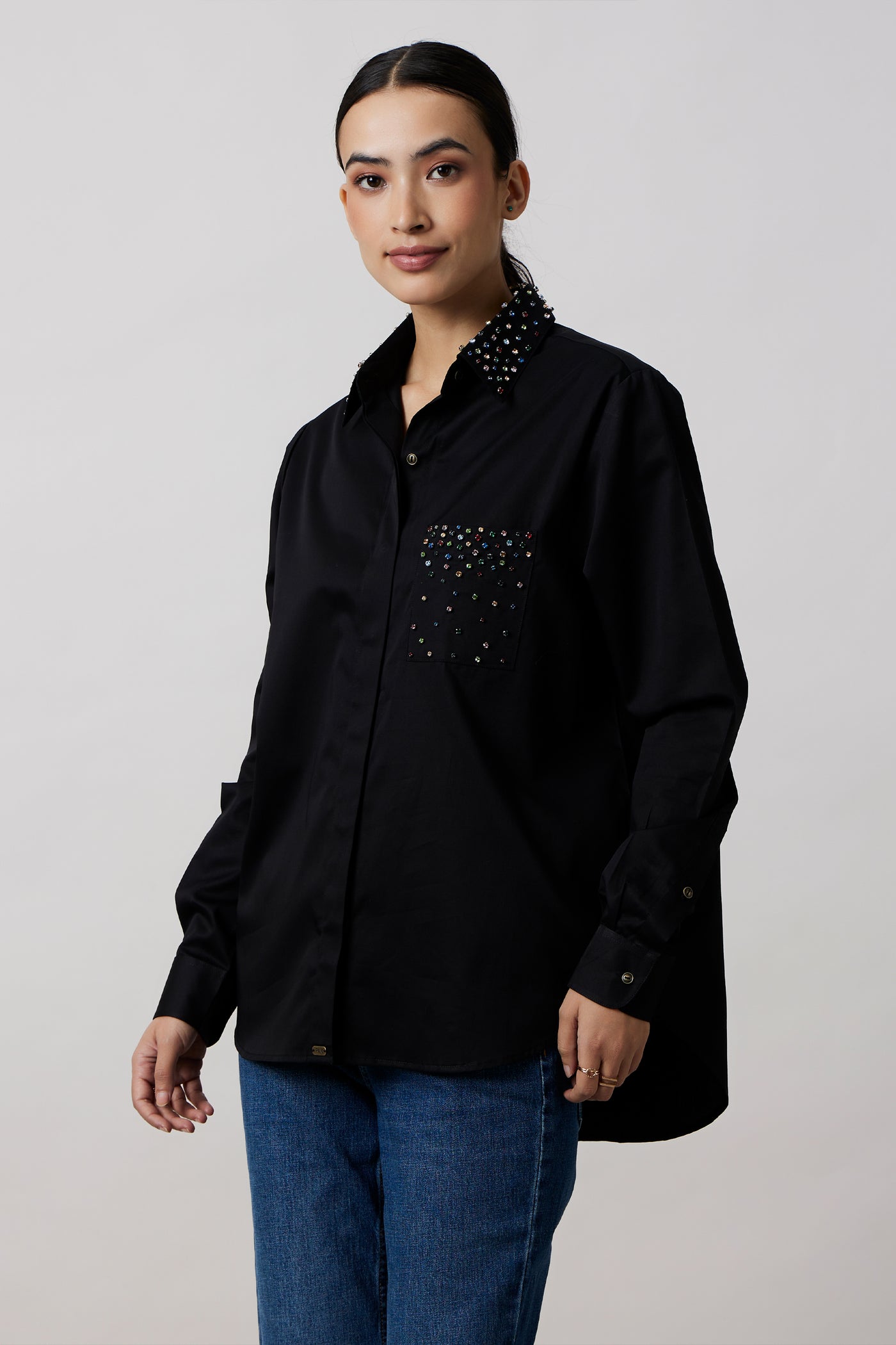 Pallavi Swadi Black Multicolour Swarovski Studs Full Sleeve Shirt indian designer wear online shopping melange singapore