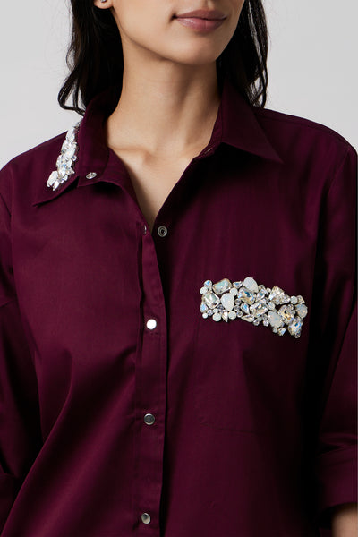 Pallavi Swadi Burgandy Collar Pocket Swarovski Shirt Dress indian designer wear online shopping melange singapore