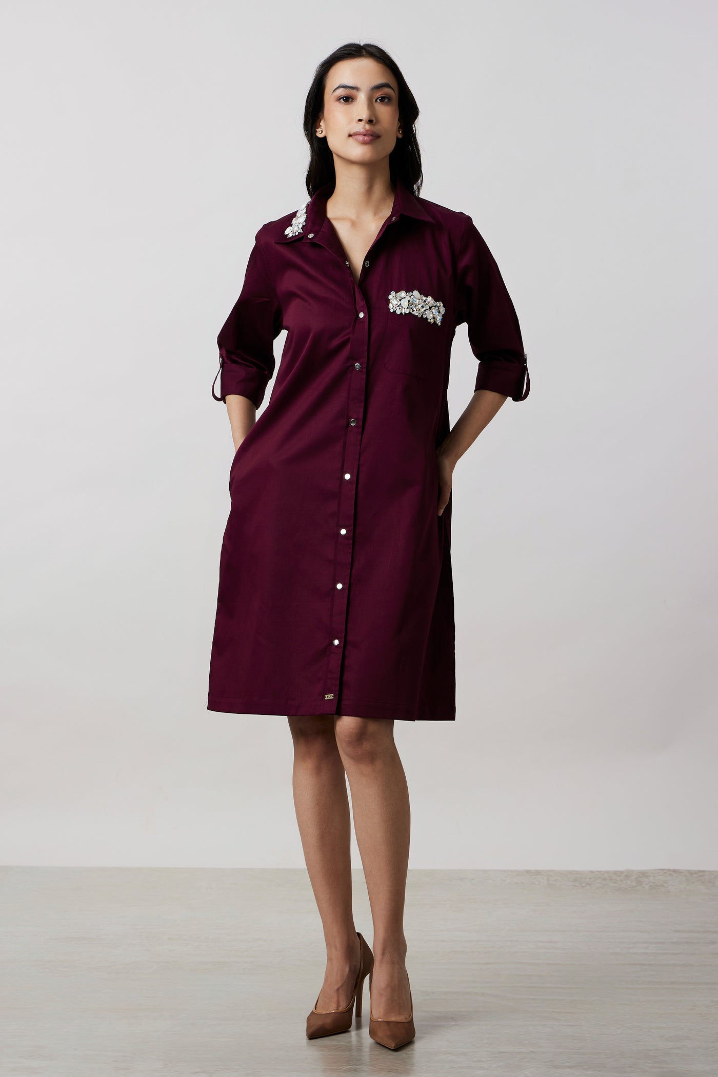 Pallavi Swadi Burgandy Collar Pocket Swarovski Shirt Dress indian designer wear online shopping melange singapore