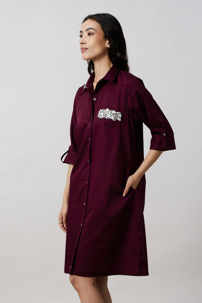 Pallavi Swadi Burgandy Collar Pocket Swarovski Shirt Dress indian designer wear online shopping melange singapore