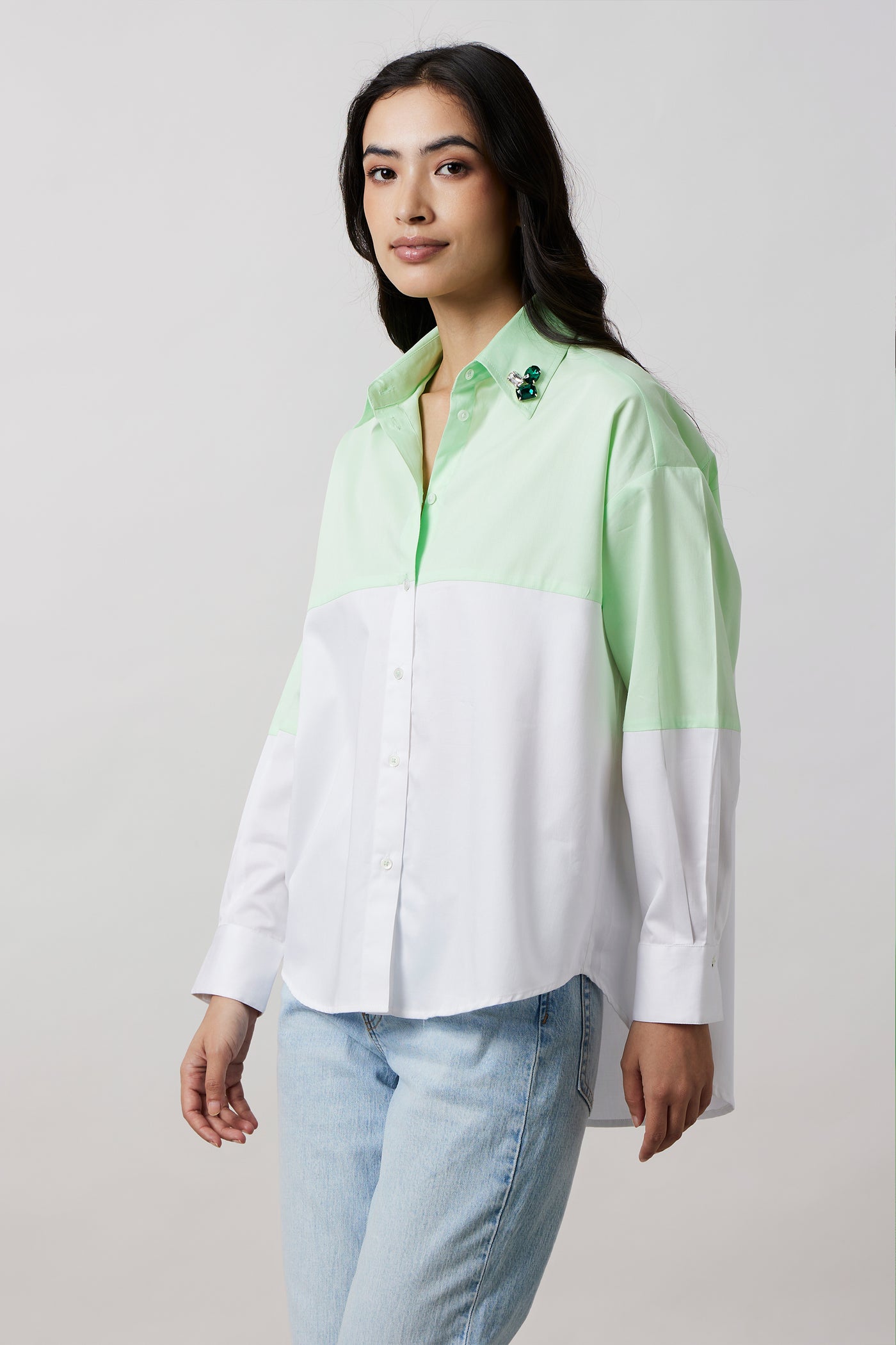 Pallavi Swadi Lime Block Shirt with Swarovski Collar indian designer wear online shopping melange singapore