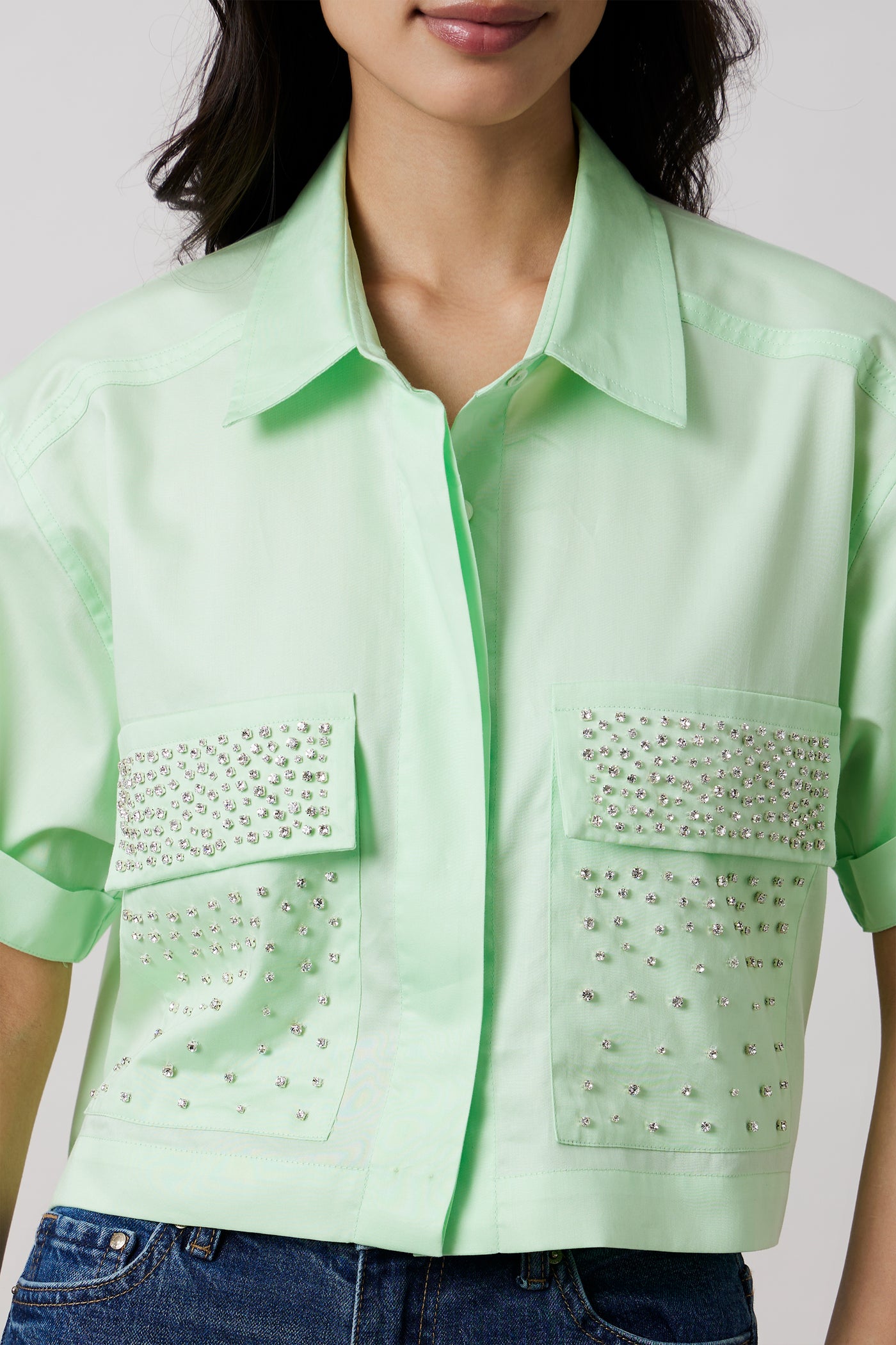 Pallavi Swadi Lime Crop Shirt With Swarovski Studs indian designer wear online shopping melange singapore