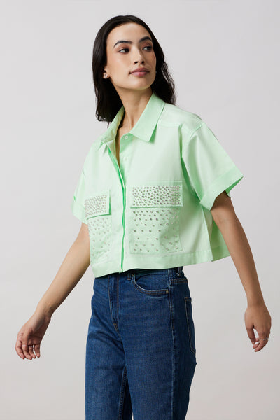 Pallavi Swadi Lime Crop Shirt With Swarovski Studs indian designer wear online shopping melange singapore