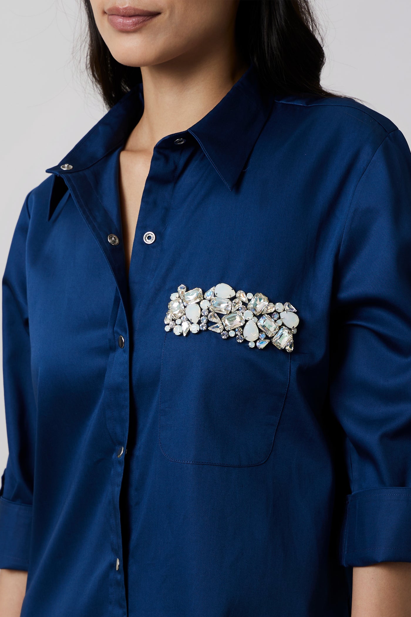 Pallavi Swadi Midnight Blue Pocket Swarovski Shirt Dress indian designer wear online shopping melange singapore