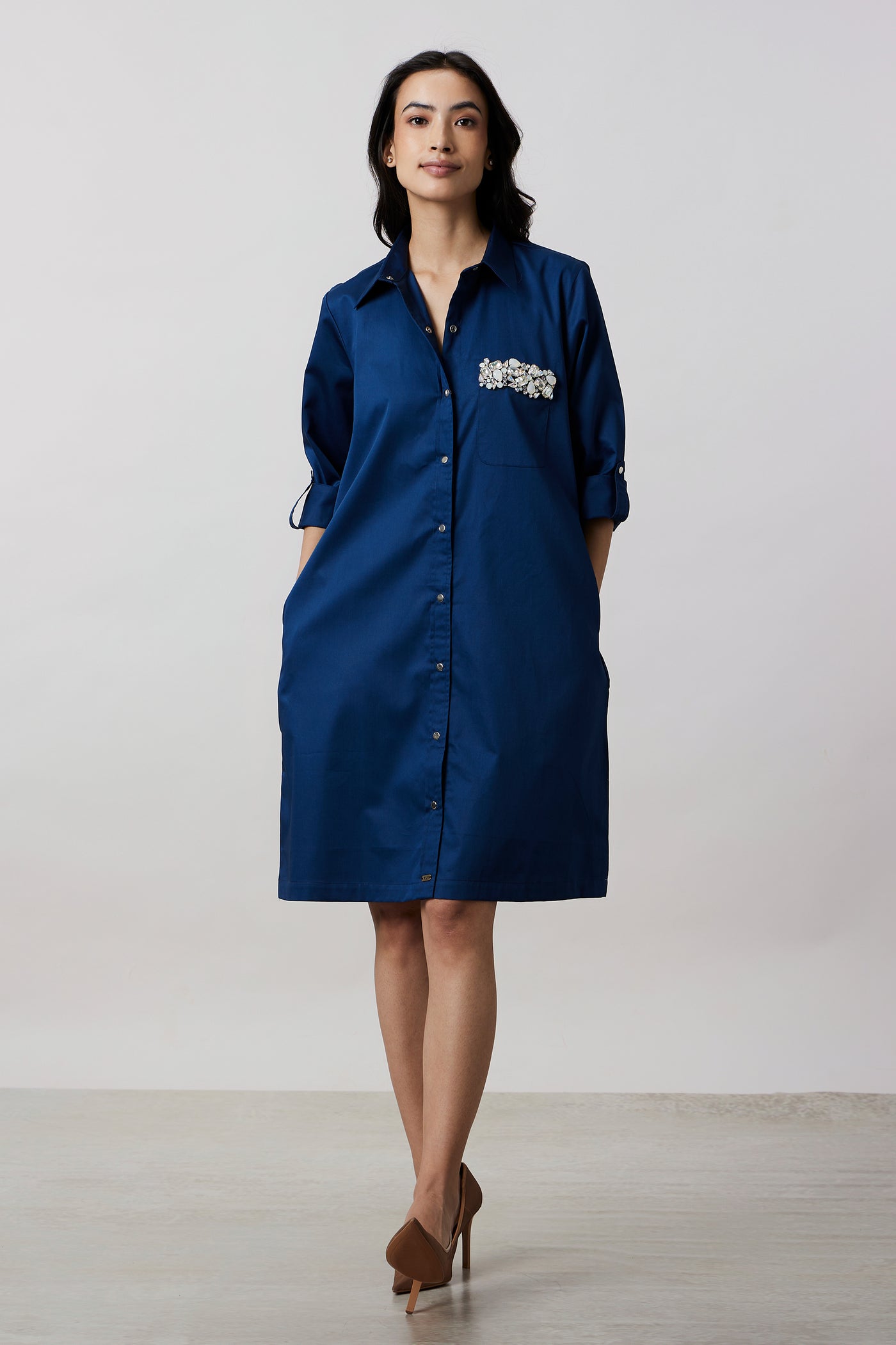 Pallavi Swadi Midnight Blue Pocket Swarovski Shirt Dress indian designer wear online shopping melange singapore