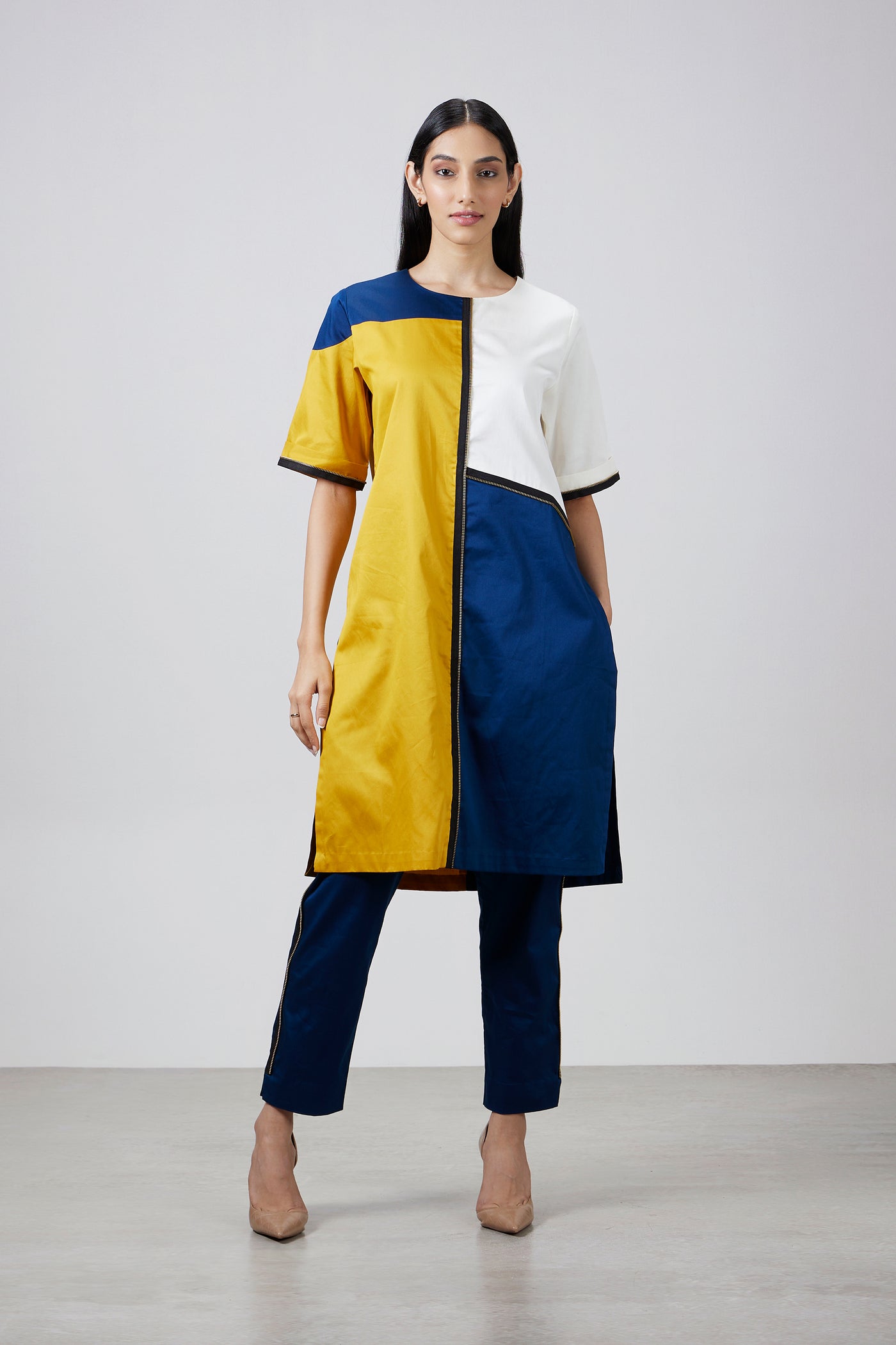 Pallavi Swadi Mustard Blue Block Kurta Set indian designer wear online shopping melange singapore