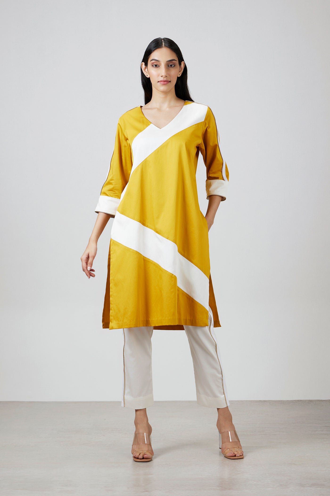 Pallavi Swadi Mustard Stripe Kurta Set indian designer wear online shopping melange singapore