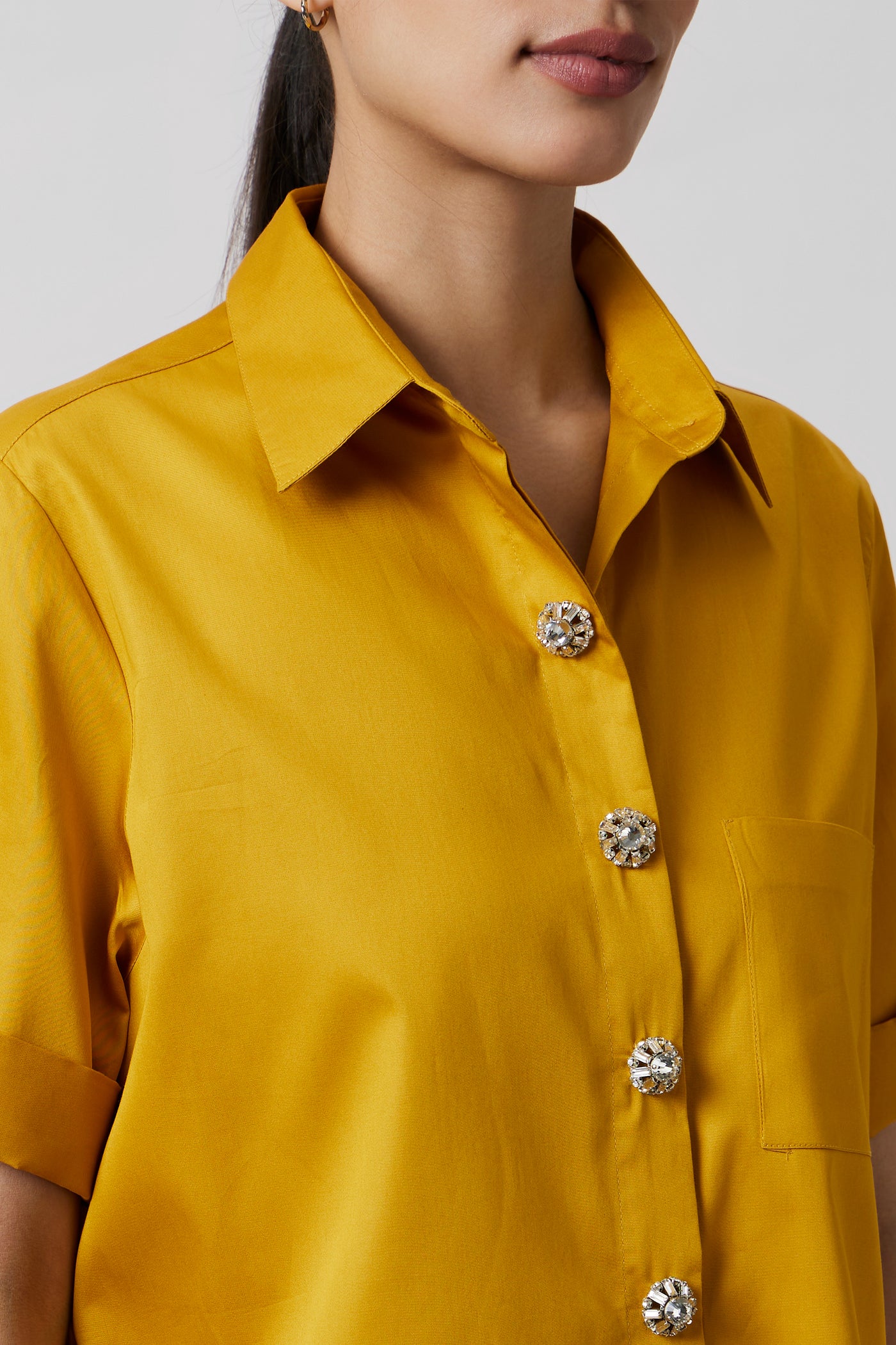 Pallavi Swadi Mustard Swarovski Button Shirt indian designer wear online shopping melange singapore