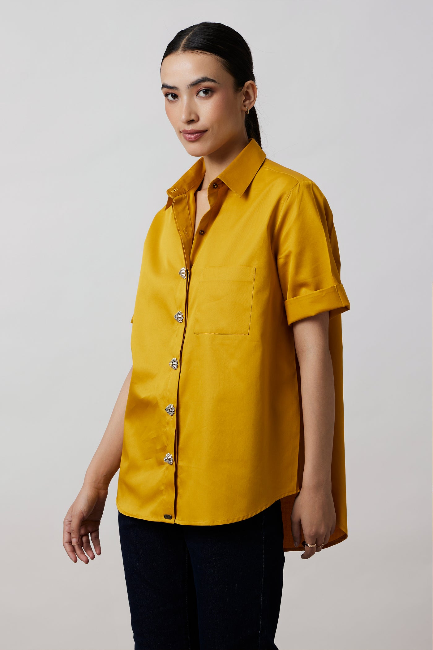 Pallavi Swadi Mustard Swarovski Button Shirt indian designer wear online shopping melange singapore