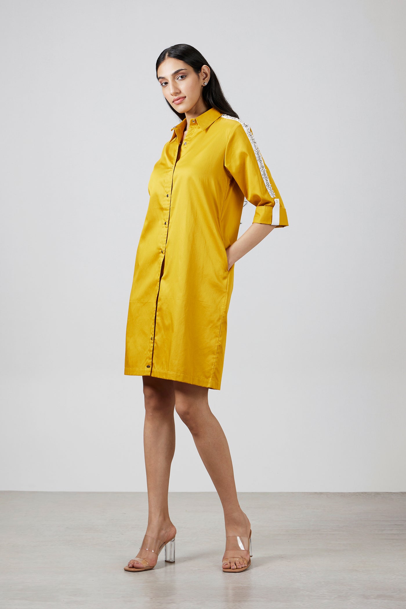 Pallavi Swadi Mustard Swarovski Shirt Dress indian designer wear online shopping melange singapore