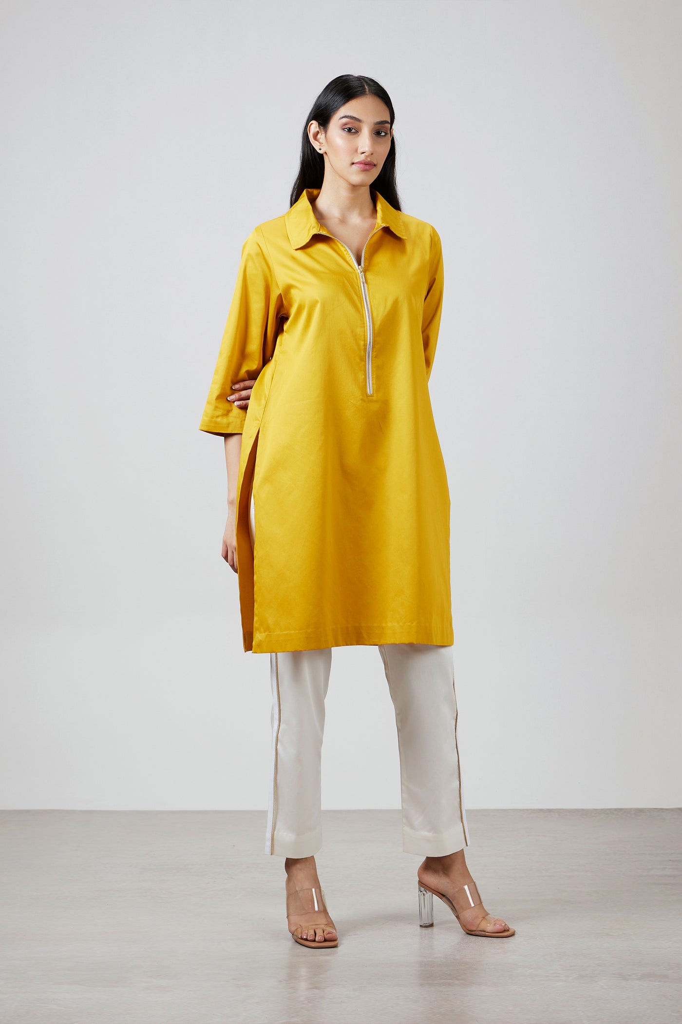 Pallavi Swadi Mustard Zip Kurta Set indian designer wear online shopping melange singapore