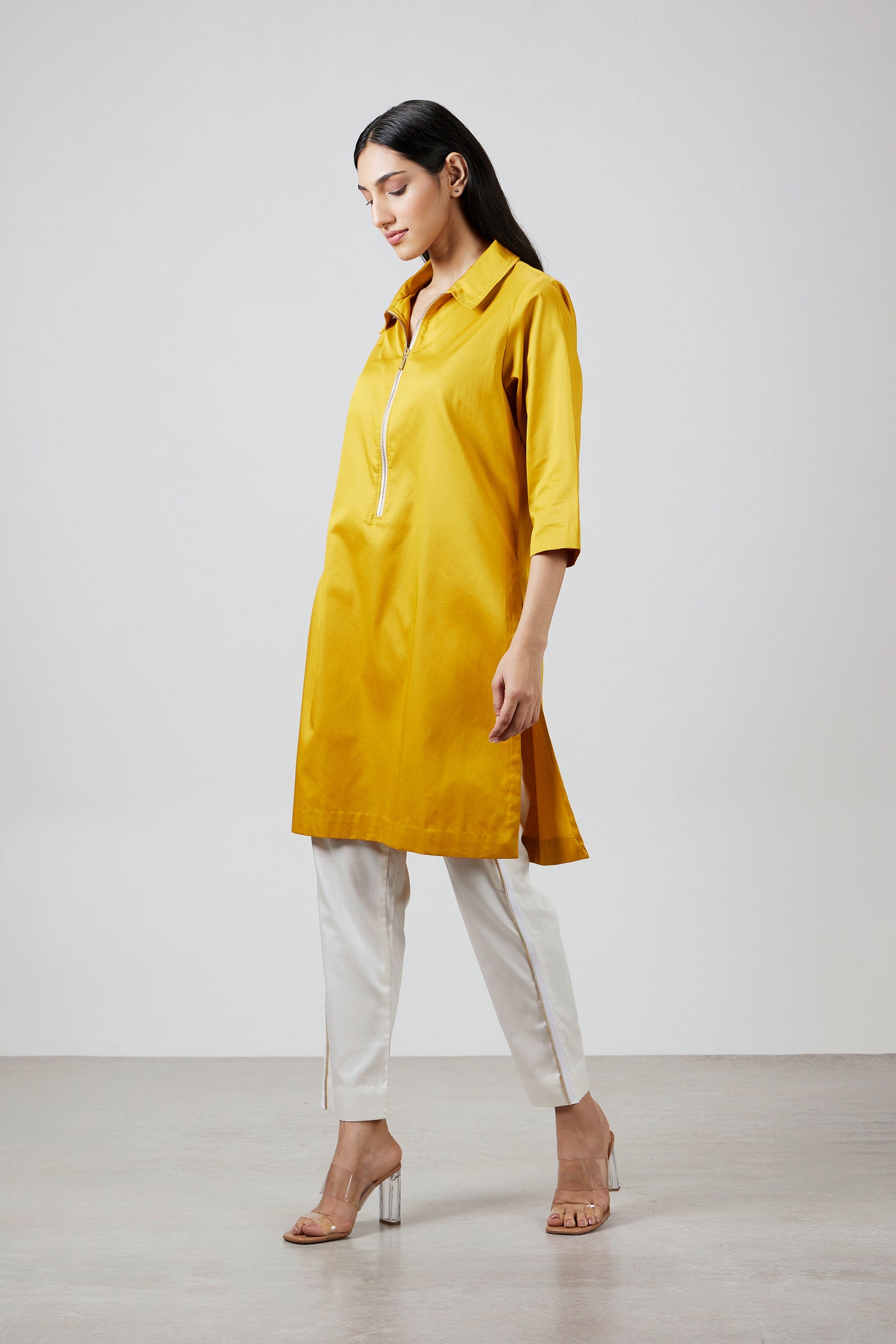 Pallavi Swadi Mustard Zip Kurta Set indian designer wear online shopping melange singapore