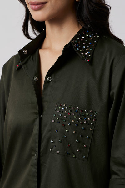 Pallavi Swadi Olive Collar Pocket Swarovski Stud Shirt Dress indian designer wear online shopping melange singapore