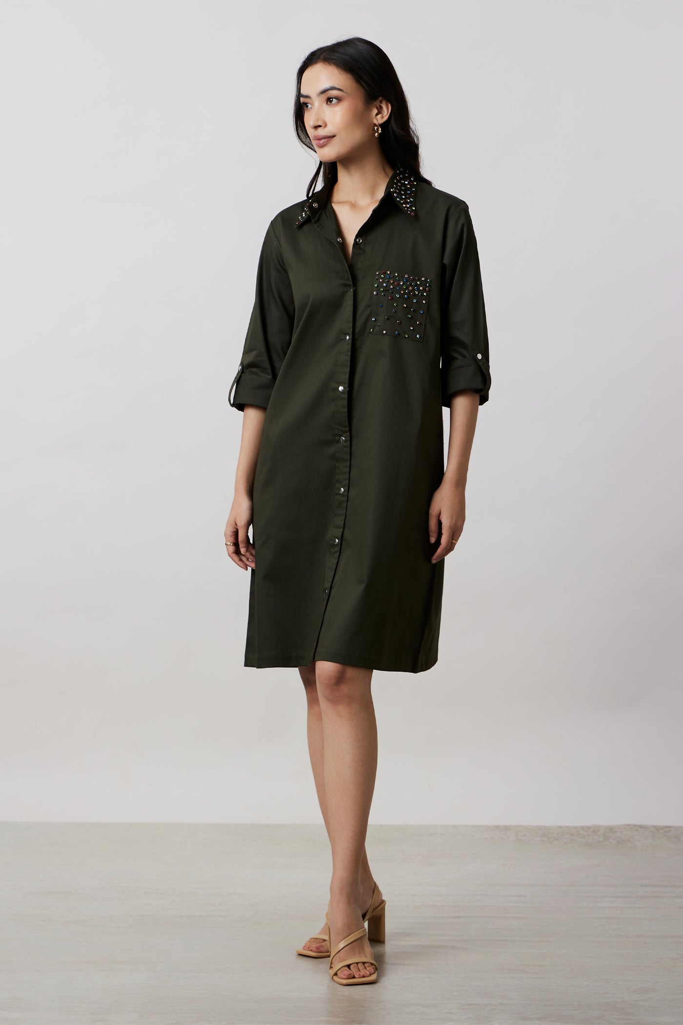 Pallavi Swadi Olive Collar Pocket Swarovski Stud Shirt Dress indian designer wear online shopping melange singapore