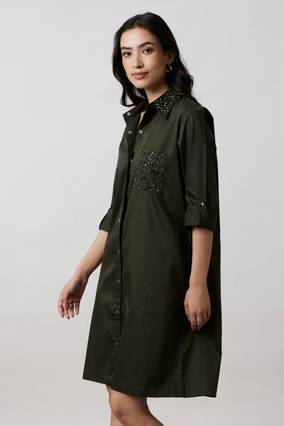 Pallavi Swadi Olive Collar Pocket Swarovski Stud Shirt Dress indian designer wear online shopping melange singapore