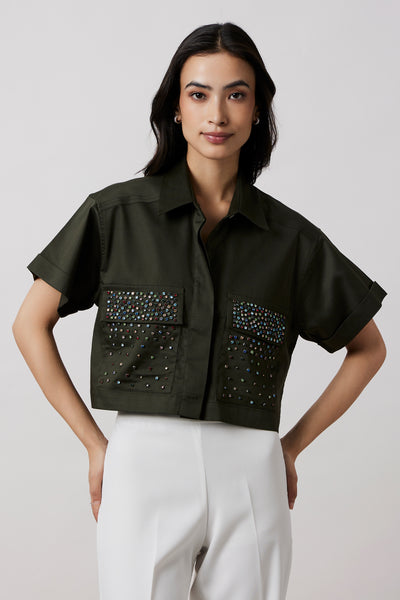 Pallavi Swadi Olive Crop Shirt With Multicolour Swarovski Studs indian designer wear online shopping melange singapore